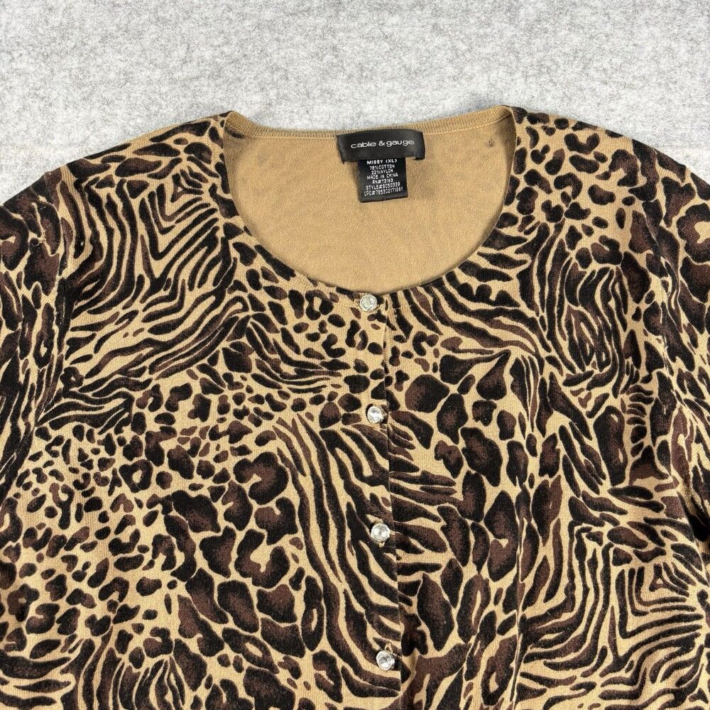 Cable & Gauge Womens XL Animal Print Cardigan Rhinestone Buttons Cotton Blend - Picture 3 of 16